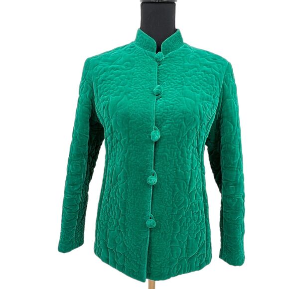 Vintage Jackets & Blazers - Vintage 1960s Emerald Green Quilted Velvet Mandarin Collar Frog Closure Jacket